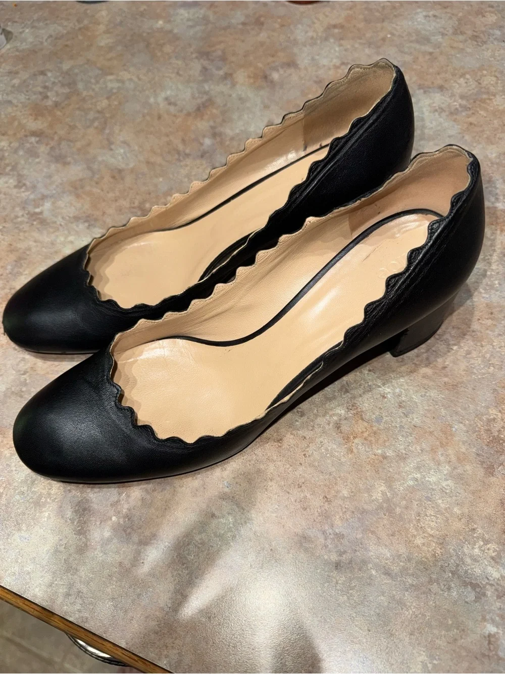 Chloe Black Italian Leather Scalloped Heels - Picture 2 of 12